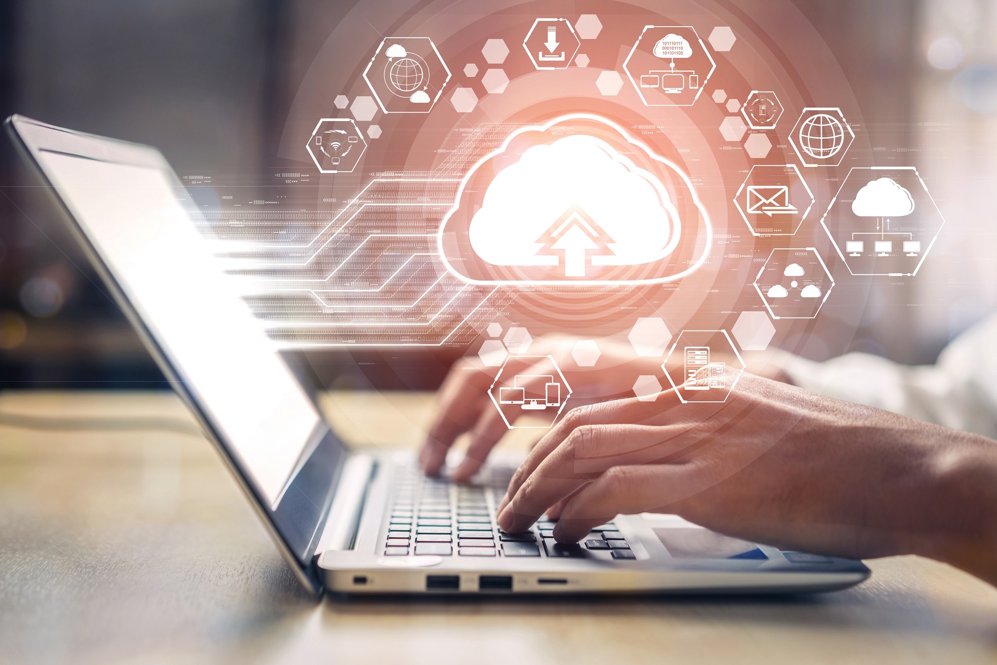 Cloud computing technology and online data storage for business network concept. Cloud computing technology and online data storage for business network concept. Computer connects to internet server service for cloud data transfer presented in 3D futuristic graphic interface.